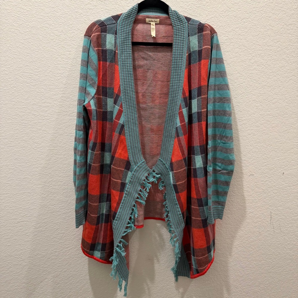 Matilda Jane XL Plaid Striped Open Front Cardigan Fringe Trim Red Teal Grey